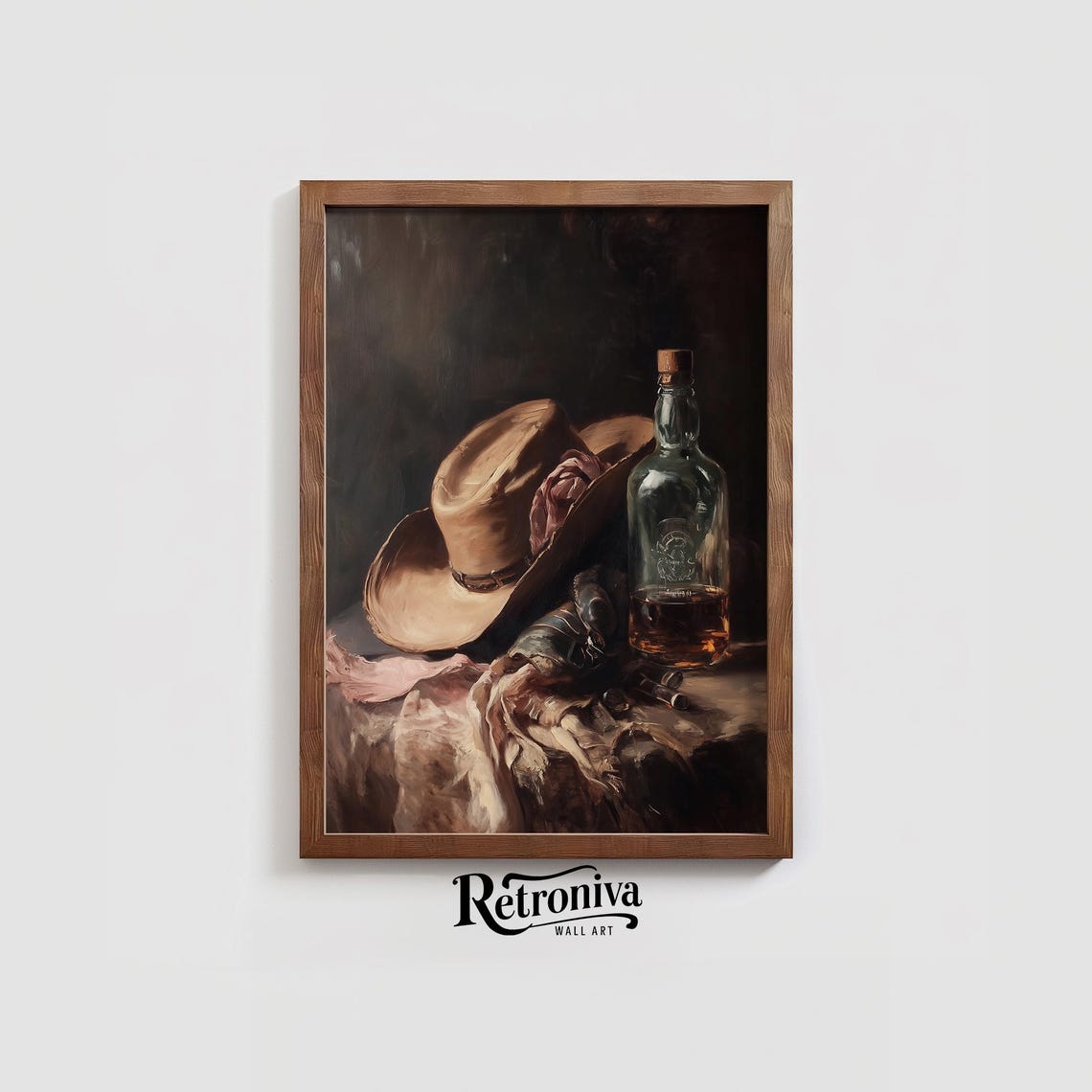 Cowboy Hat and Whiskey Bottle Vintage Western Still Life Poster - Image 3