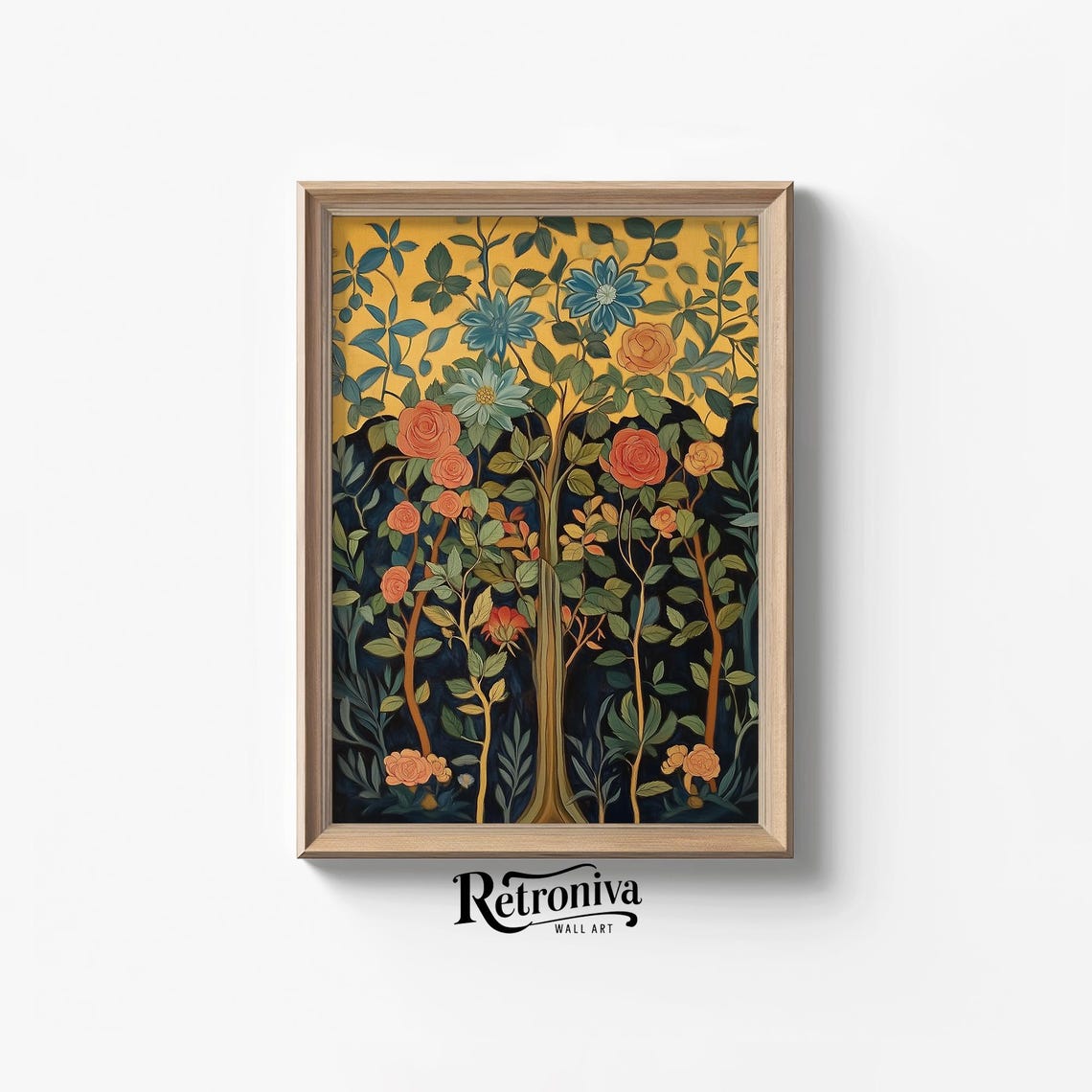 Art Nouveau Floral Pattern With Roses On Gold And Navy Poster