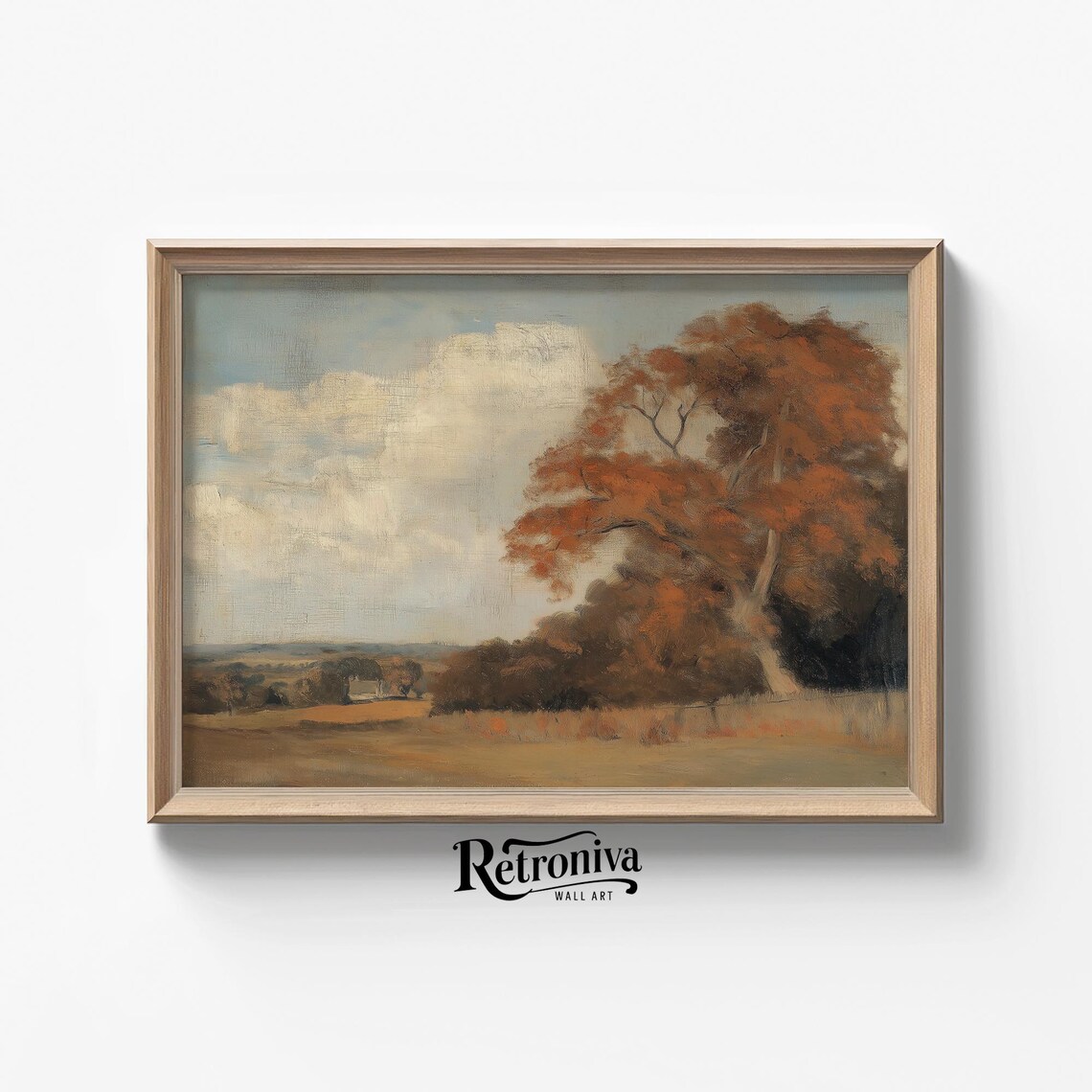 Muted Fall Tree Cloudy Sky Rustic Landscape Vintage Oil Painting Poster