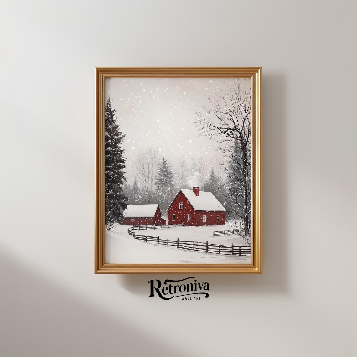Red Barn in Falling Snow Vintage Winter Farm Christmas Poster - Image 2
