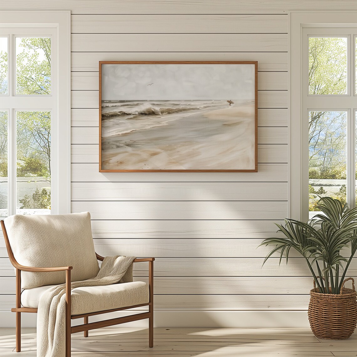 Lone Surfer On Muted Beach Gray Vintage Coastal Seascape Print - Image 3