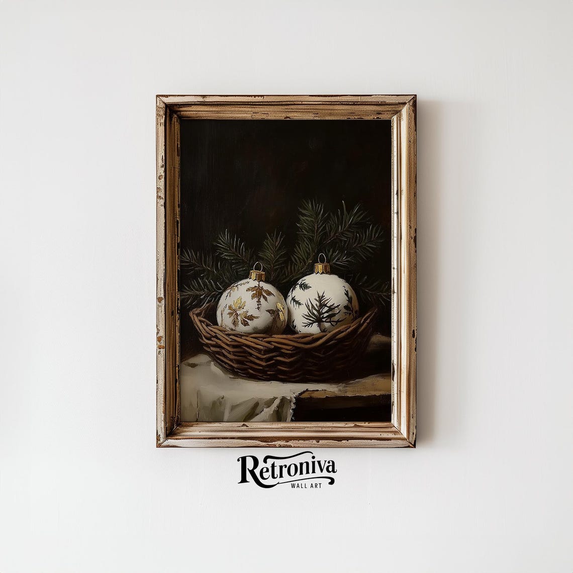 White Christmas Baubles Basket Dark Moody Vintage Still Life Poster - Image 6