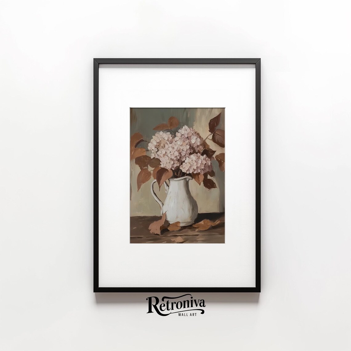 Pink Hydrangea in White Pitcher Moody Vintage Flower Painting Poster - Image 4
