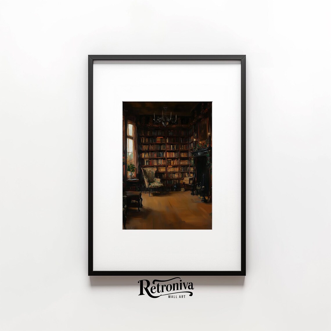 Moody Dark Library Bookshelves Armchair Dark Academia Vintage Room Poster - Image 3