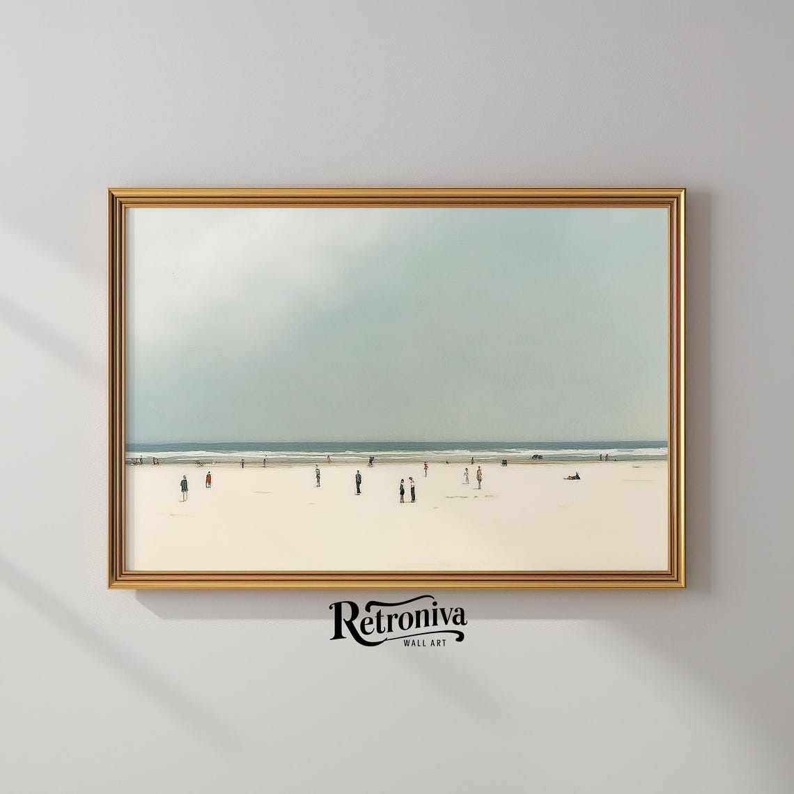 Minimalist Pale Beach Scene With Tiny Figures On The Sand Poster - Image 2
