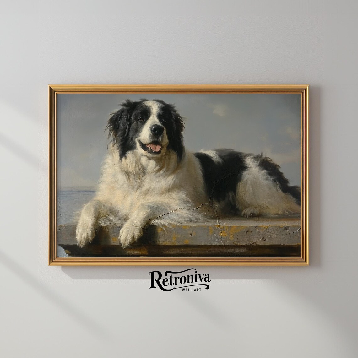 Black and White Newfoundland Dog Lying on Pier Vintage Pet Poster - Image 2