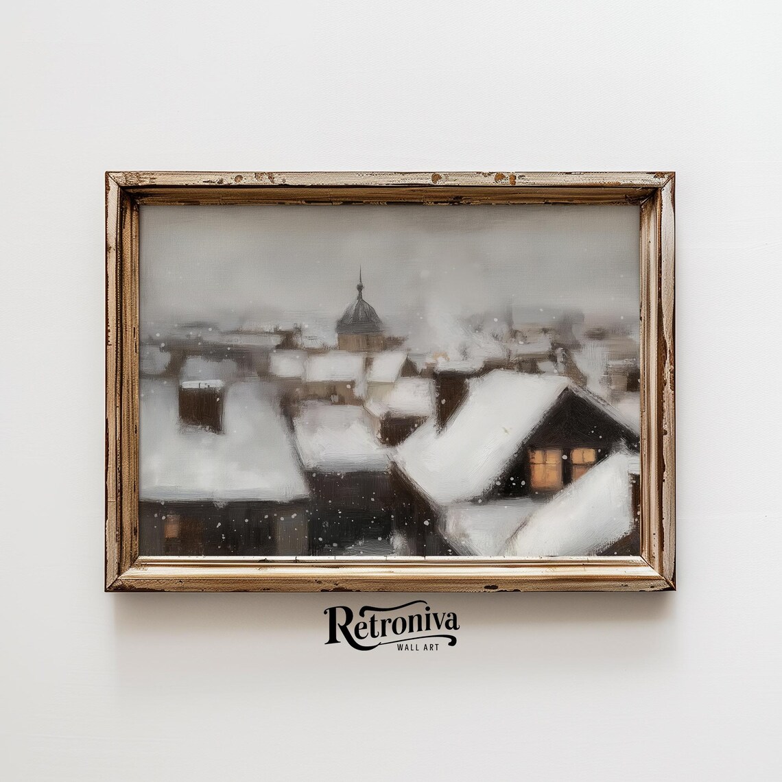 Snow Falling Over Old Town Rooftops Winter Cityscape Vintage Painting Poster - Image 6