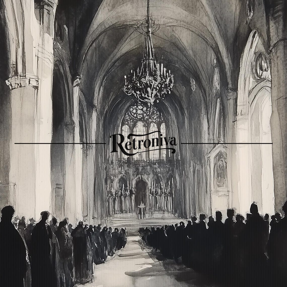 Moody Gothic Cathedral Interior Dark Watercolor Crowd Scene Poster - Image 7