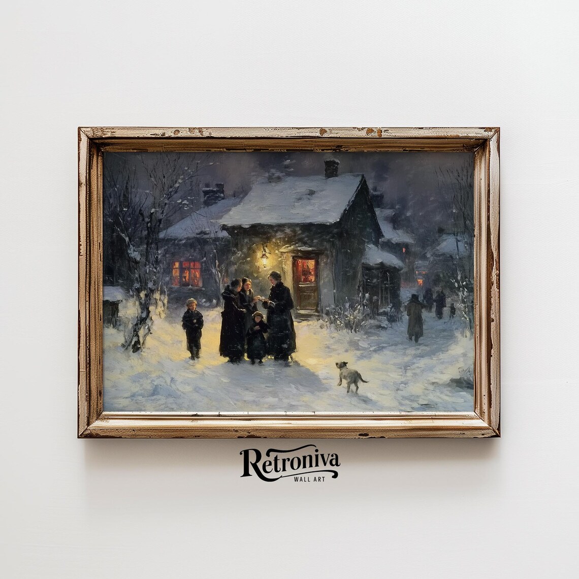 Rustic Winter Night Landscape Vintage Moody Oil Painting People In Old Town Country Farmhouse Wall Decor Retroniva Art Wnt 027 - Image 6