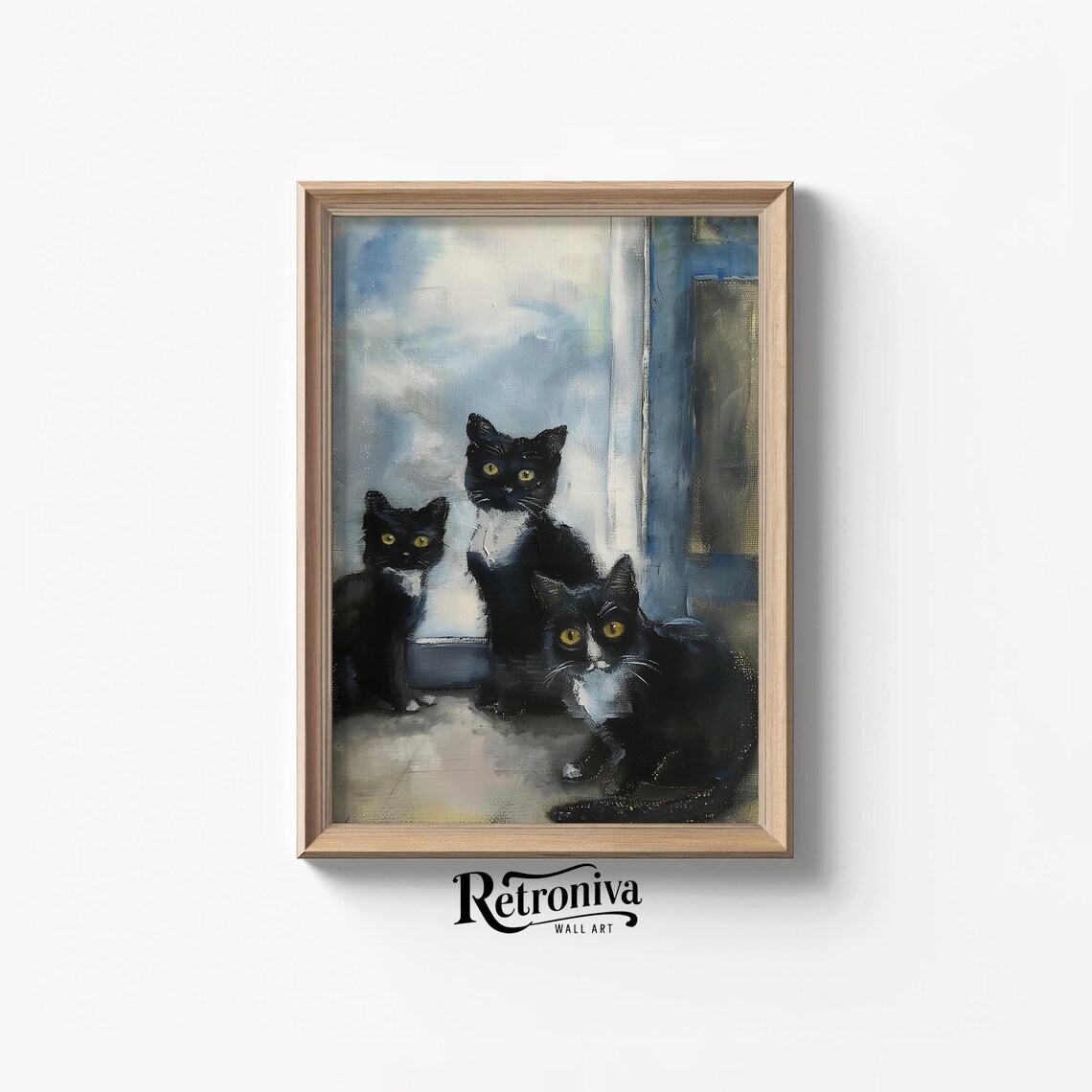 Three Black Cats at the Doorway Vintage Cat Portrait Painting Poster