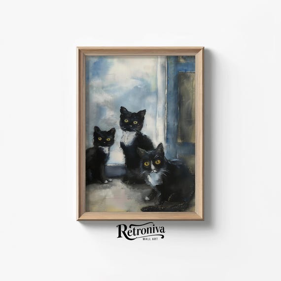 Cute Cats At The Doorway Vintage Cat Painting Black Cat Art Print Pet Portrait Animal Wall Decor Retroniva Art Anm 015