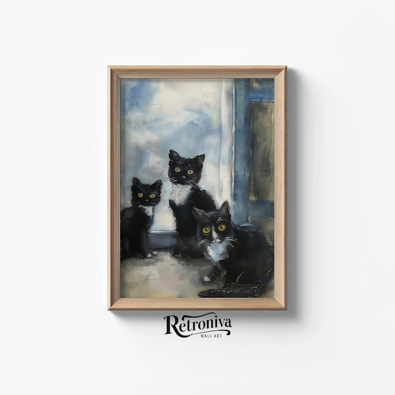 Three Black Cats at the Doorway Vintage Cat Portrait Painting Poster