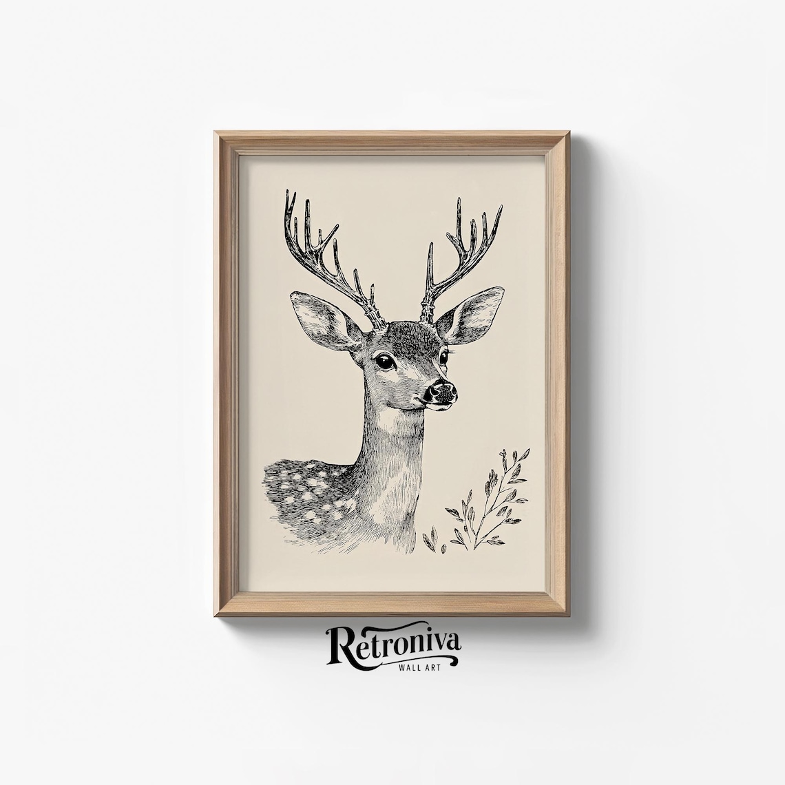 Antique Ink Drawing Of A Stag With Antlers On Cream Paper Poster
