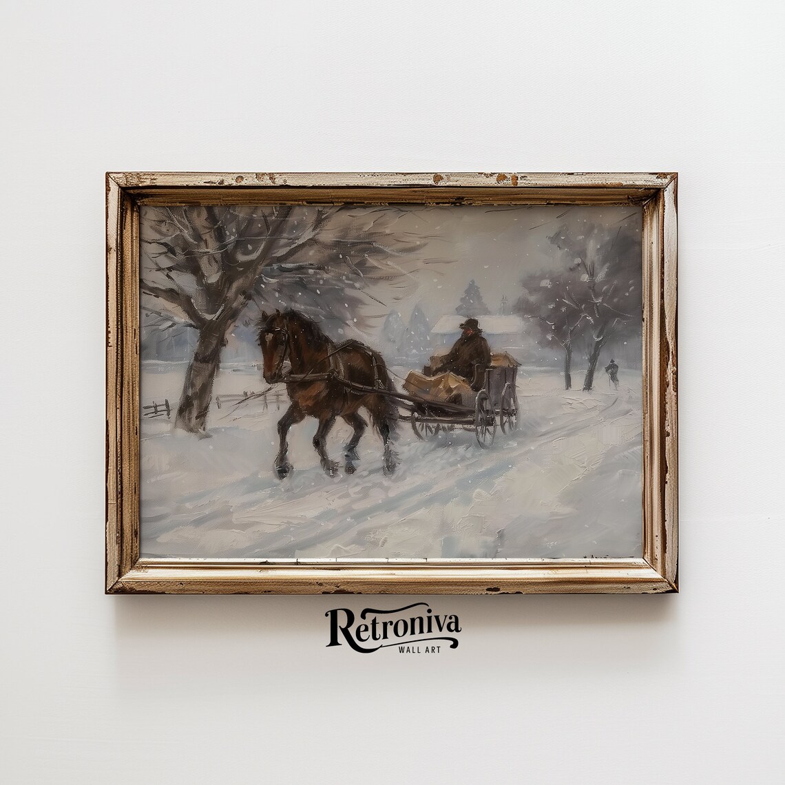 Horse Drawn Sleigh in Winter Snowstorm Vintage Country Painting Poster - Image 6