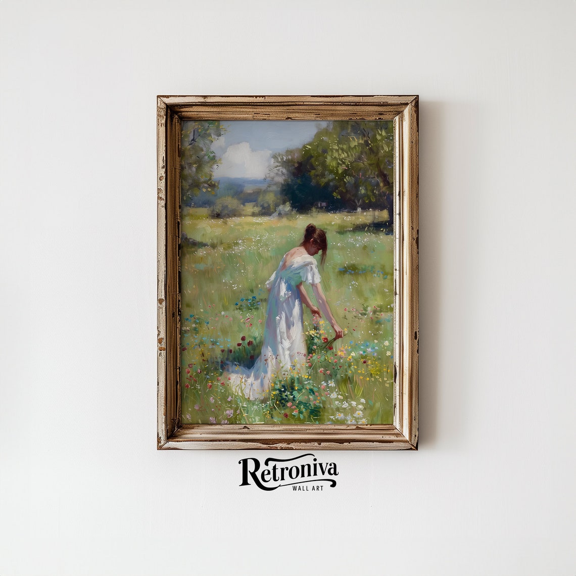 Woman Picking Wildflowers in Spring Meadow Vintage Cottagecore Poster - Image 6