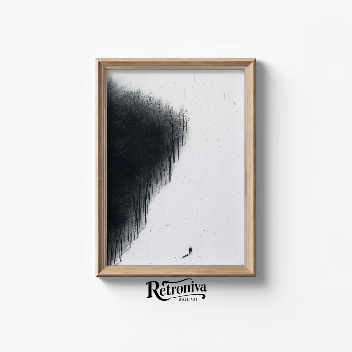 Lone Figure Walking Snowy Forest Edge Minimalist Ink Sketch Print