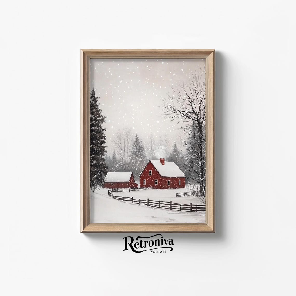Red Barn in Falling Snow Vintage Winter Farm Christmas Poster
