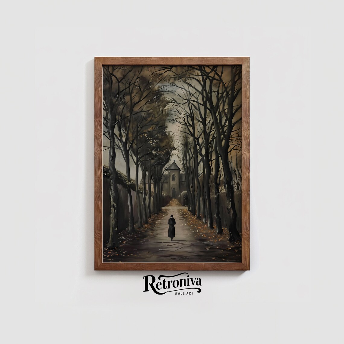 Dark Academia Tree Lined Avenue Lone Figure Moody Autumn Poster - Image 4