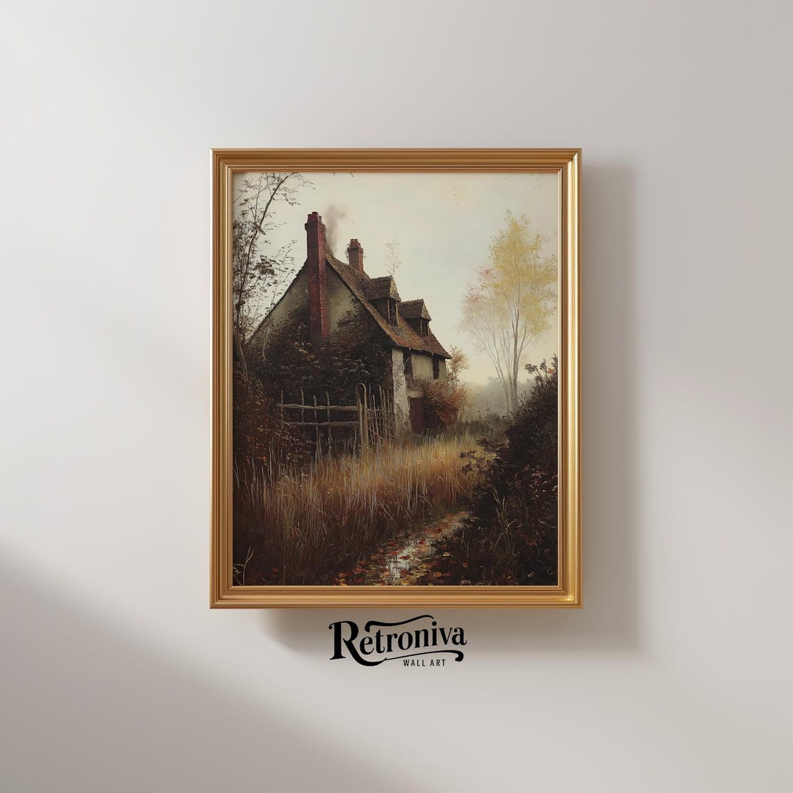 Old English Cottage in Autumn Grasses Rustic Fall Landscape Poster - Image 2