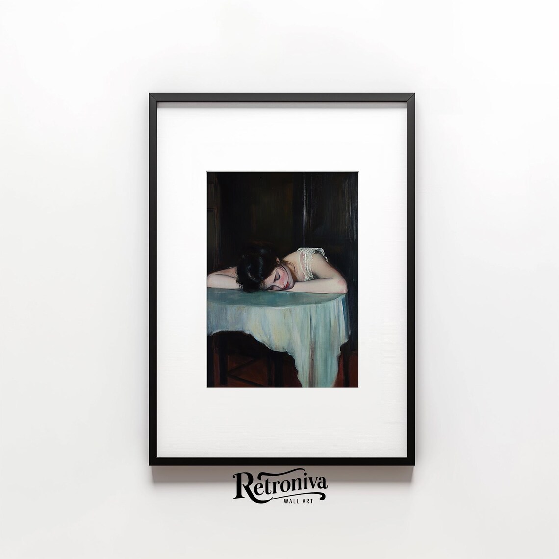 Sleepy Woman Resting Head Table Dark Moody Vintage Oil Painting Poster - Image 4
