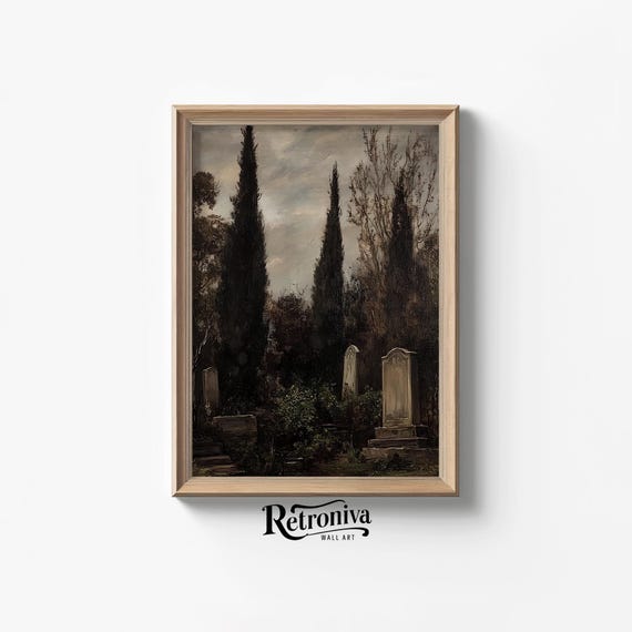 Antique Rustic Graveyard Landscape Oil Painting Vintage Moody Night Wall Decor Dark Night Wall Art Print Retroniva Art Ngt 006