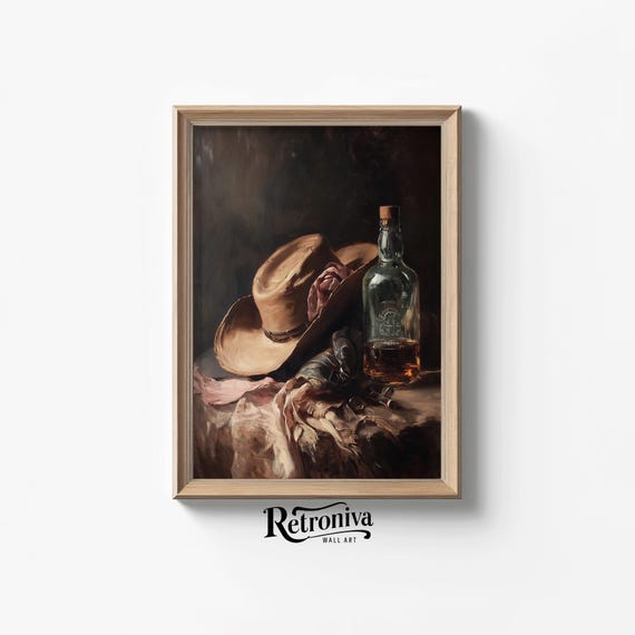 Cowboy Hat And Whiskey Vintage Western Still Life Painting Kitchen Art Print Farmhouse Wall Decor Retroniva Art Stl 014