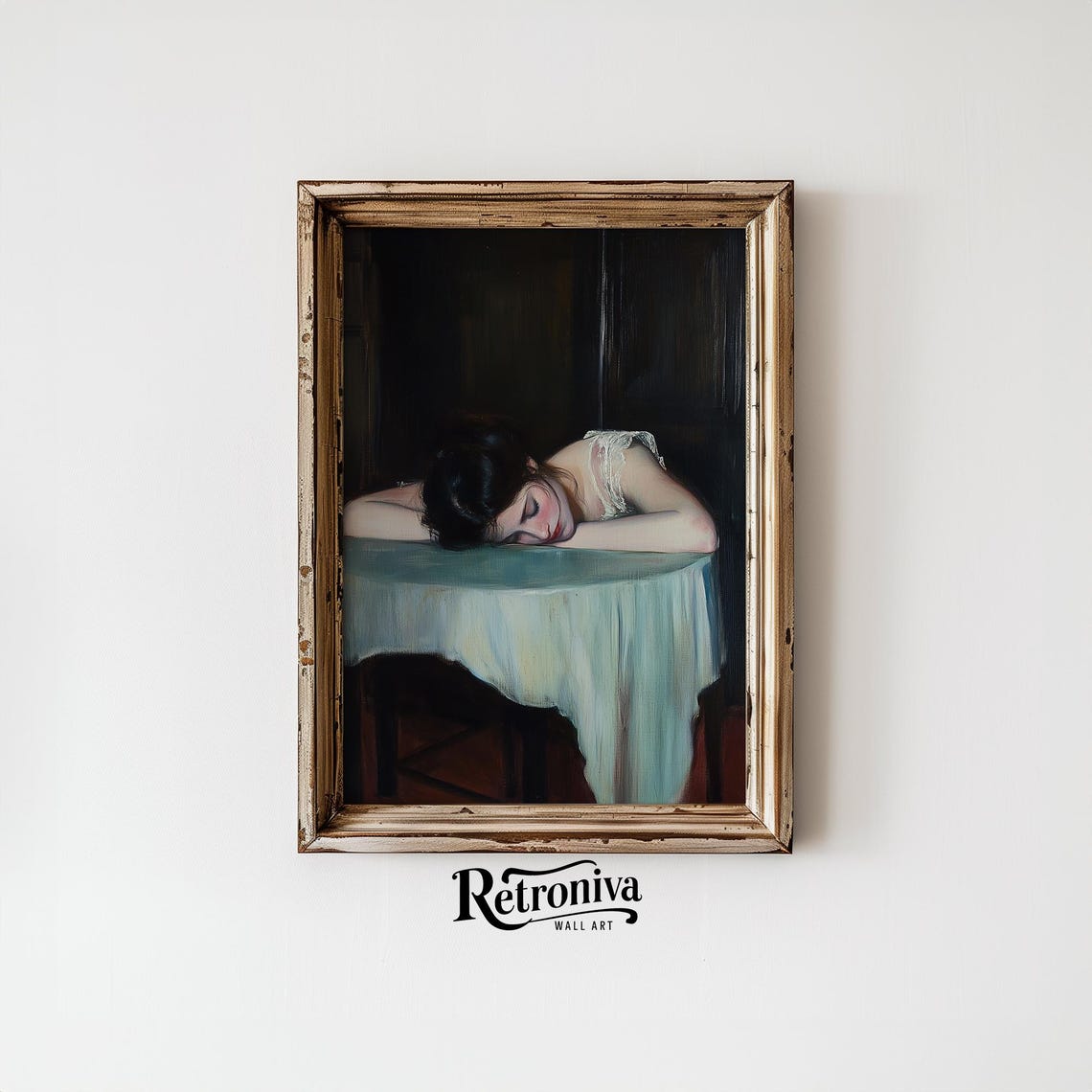 Sleepy Woman Resting Head Table Dark Moody Vintage Oil Painting Poster - Image 6