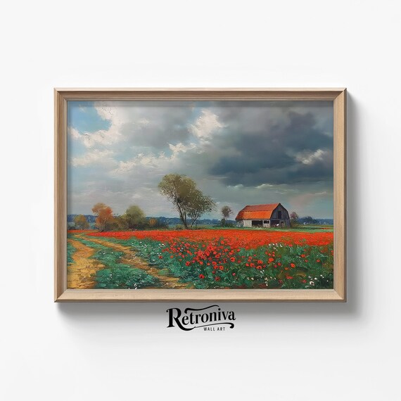 Vast Red Poppy Field With Barn Under A Dramatic Stormy Sky Poster