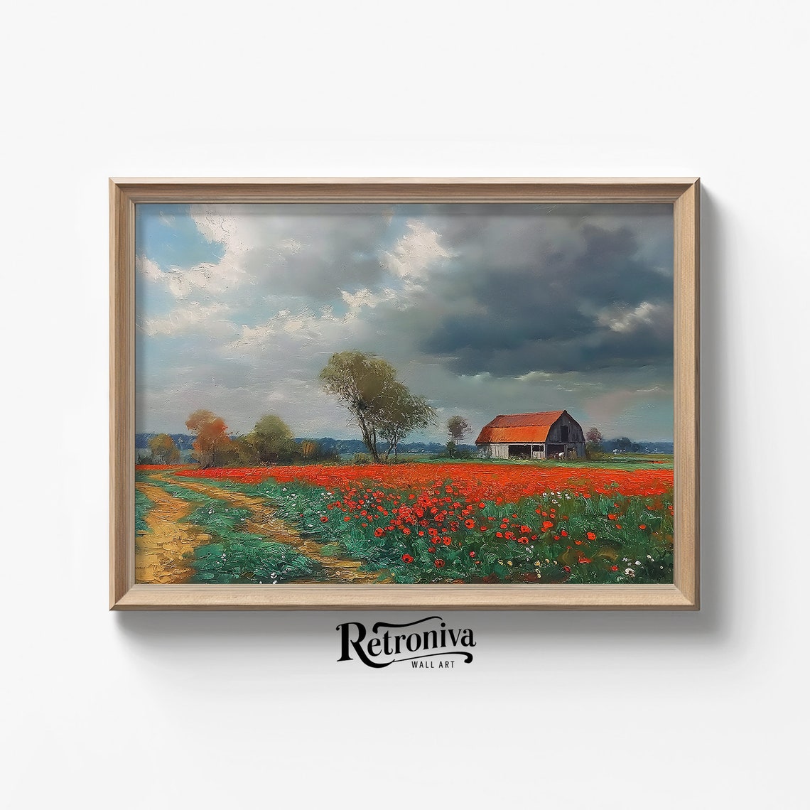 Vast Red Poppy Field With Barn Under A Dramatic Stormy Sky Poster