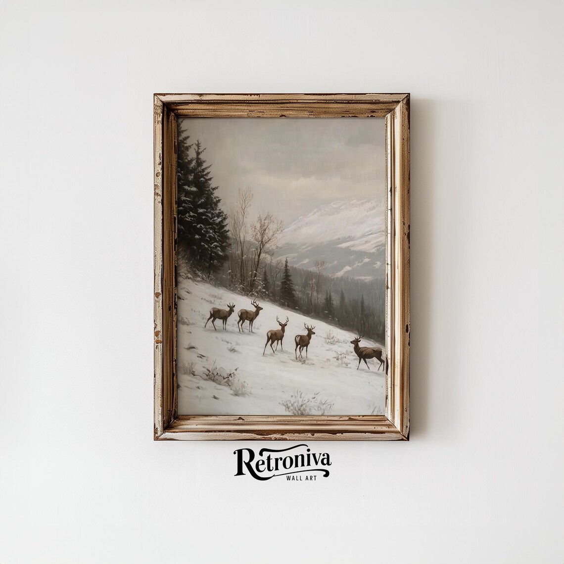 Deer Crossing Snowy Mountain Vintage Winter Wildlife Herd Poster - Image 6