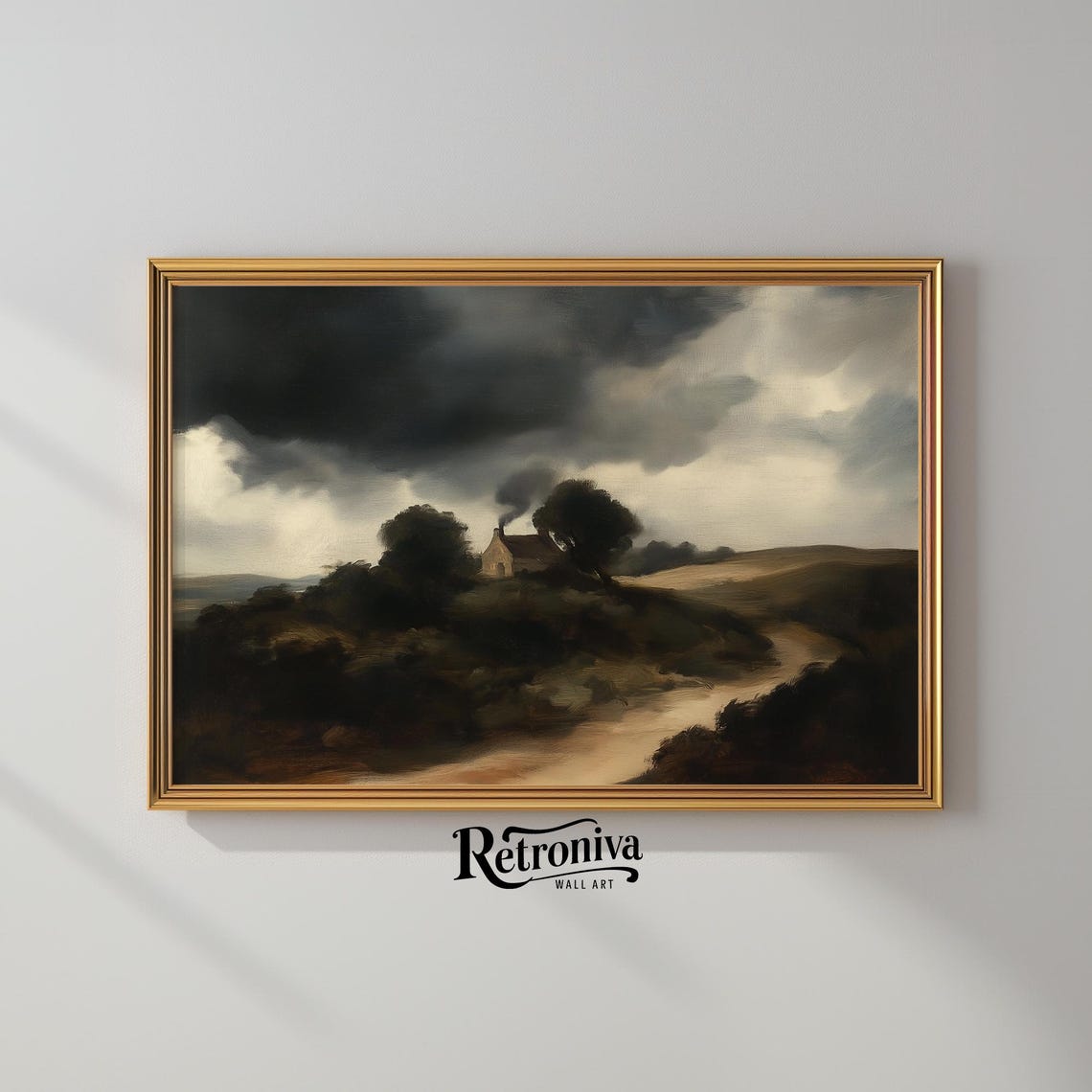 Moody Cottage on Hill Under Stormy Dark Sky Vintage Painting Poster - Image 2