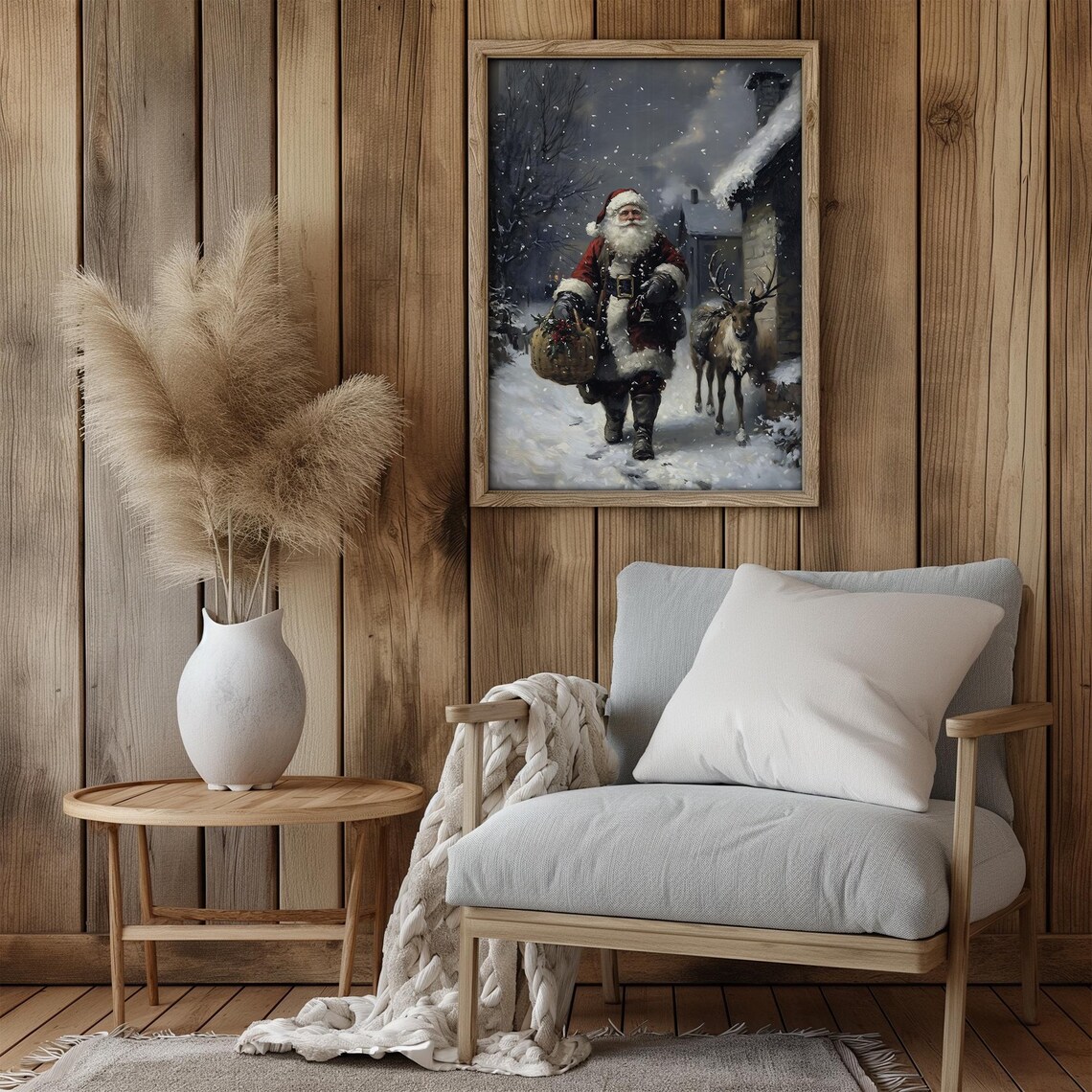 Santa Claus with Reindeer on Snowy Night Vintage Christmas Poster - Image 3