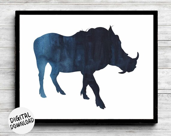 Navy Blue Warthog Silhouette Safari Animal Kids Room Wall Decor Poster