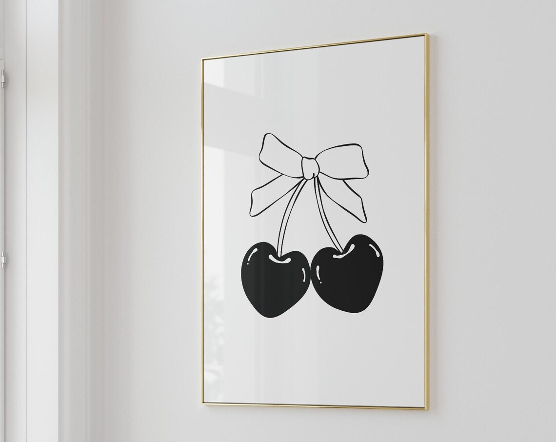 Black and White Bow Cherry Line Art Coquette Trendy Minimal Poster - Image 3