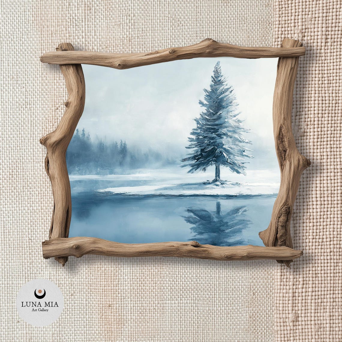 Lone Snowy Pine Tree by Frozen Lake Mirror Reflection Art Poster - Image 2