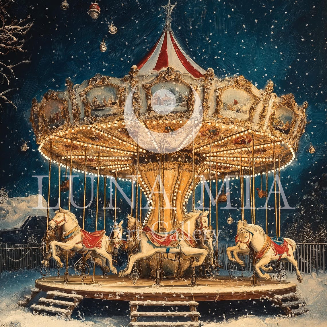 Vintage Christmas Carousel In Falling Snow Under A Starry Sky Poster - Image 5