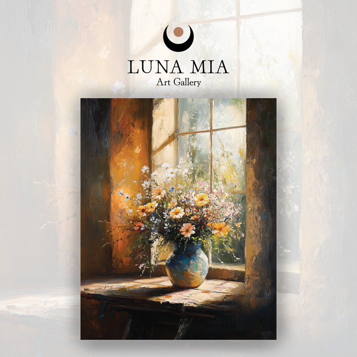 Wildflower Bouquet In Blue Vase By Sunny Window Oil Painting Poster - Image 2