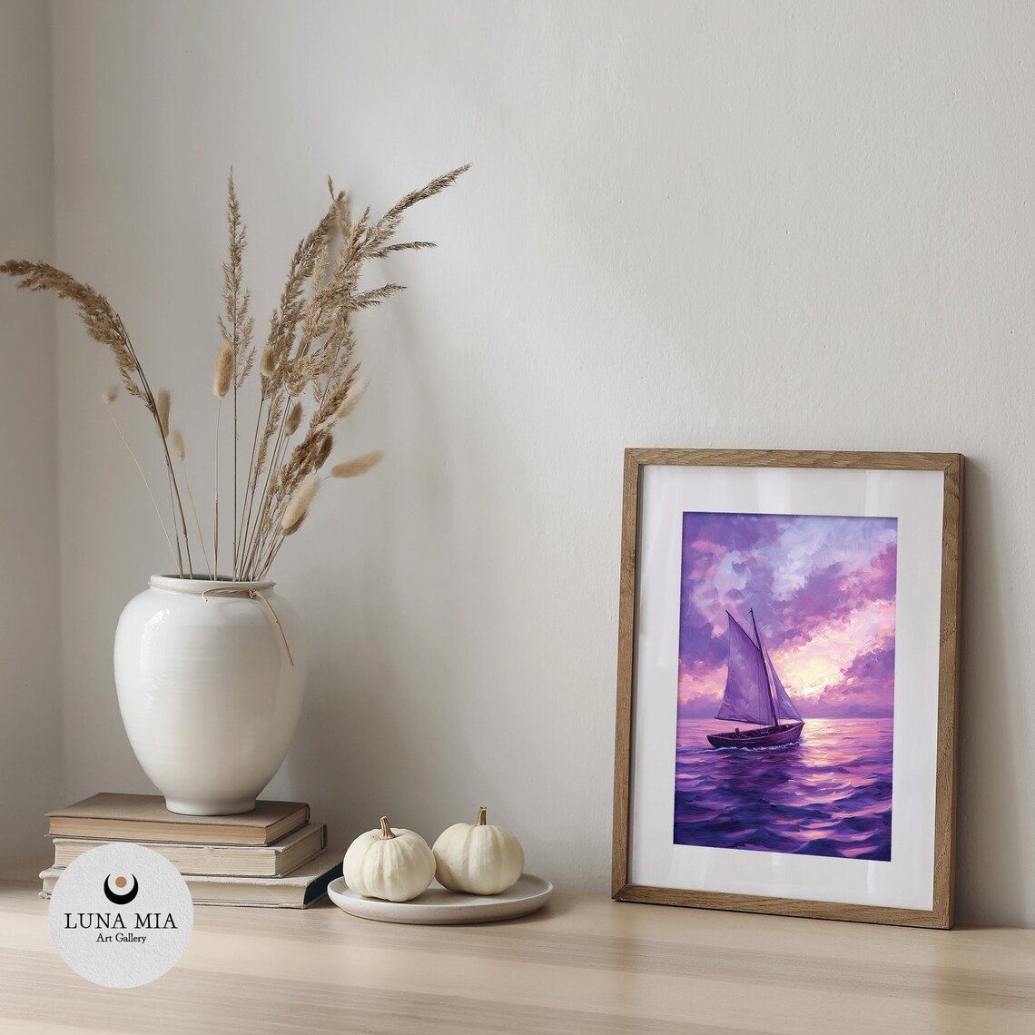 Lone Purple Sailboat Sailing Violet Sea at Sunset Art Poster - Image 5