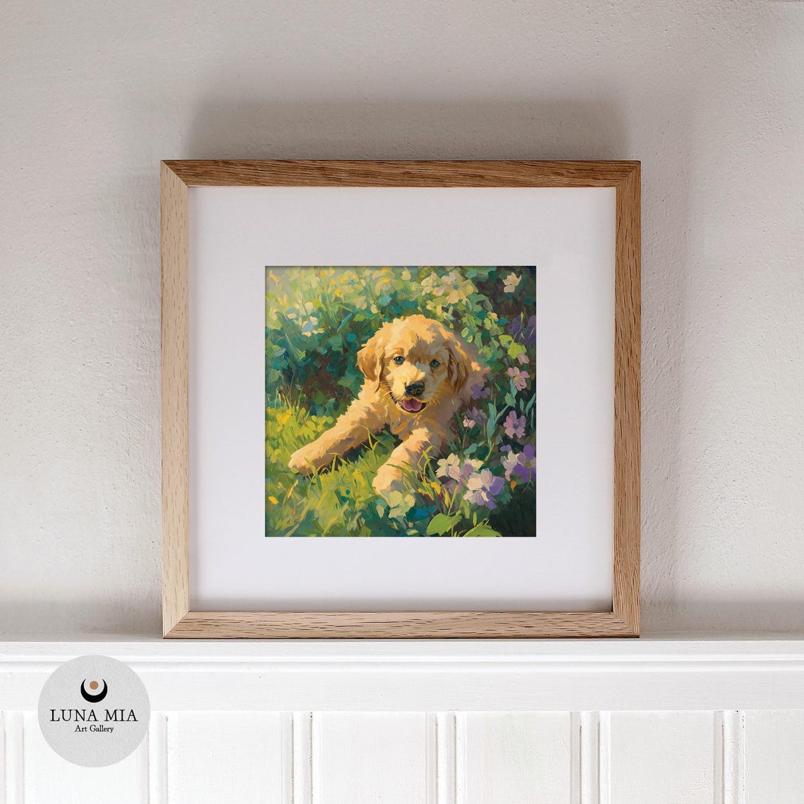 Golden Retriever Puppy Lying in a Sunny Flower Garden Art Poster