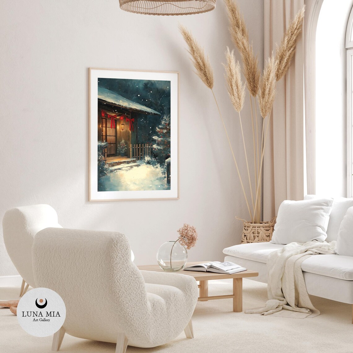 Snowy Japanese Tea House Christmas Night Oil Painting Poster - Image 3