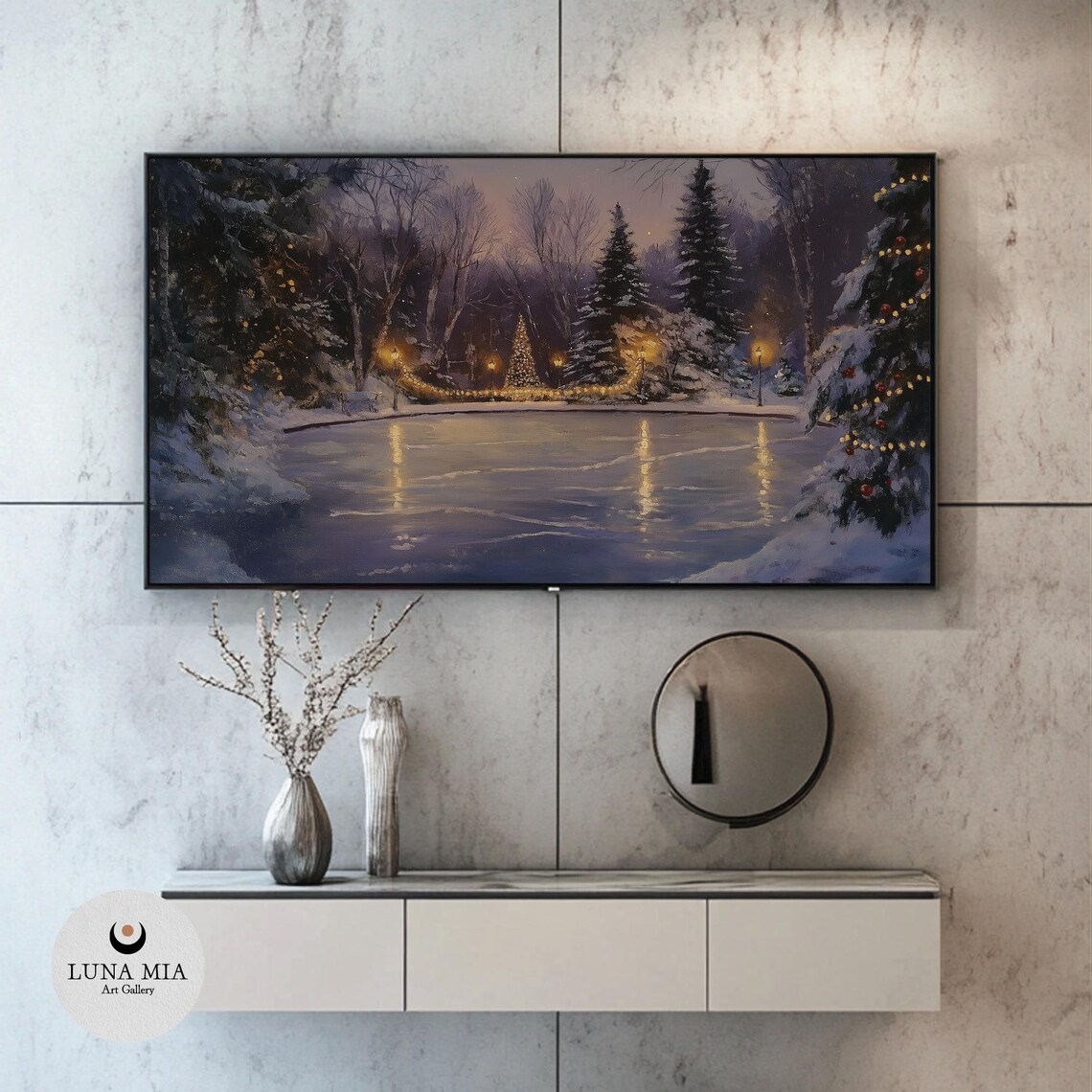 Moonlit Winter Pond with Christmas Lights Snowy Night Art Poster - Image 2