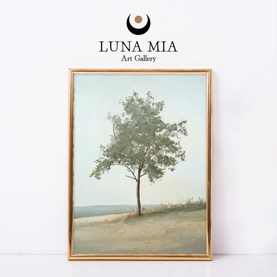 Vintage Style Minimalist Tree Art Print For Home Decor Instant For Wall Art With Serene Blue Background