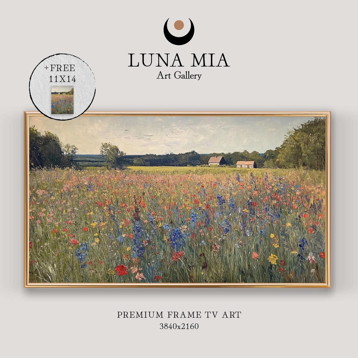 Impressionist Wildflower Meadow With Distant Barns And Soft Sky Poster