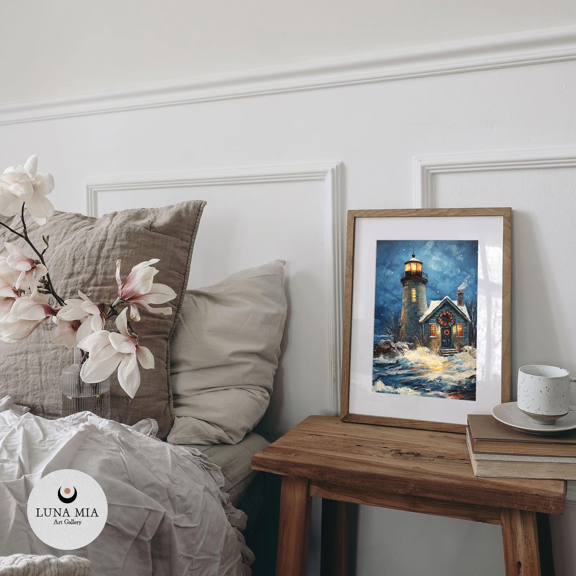 Lighthouse Christmas Night Snowy Sea Waves Oil Painting Poster - Image 2