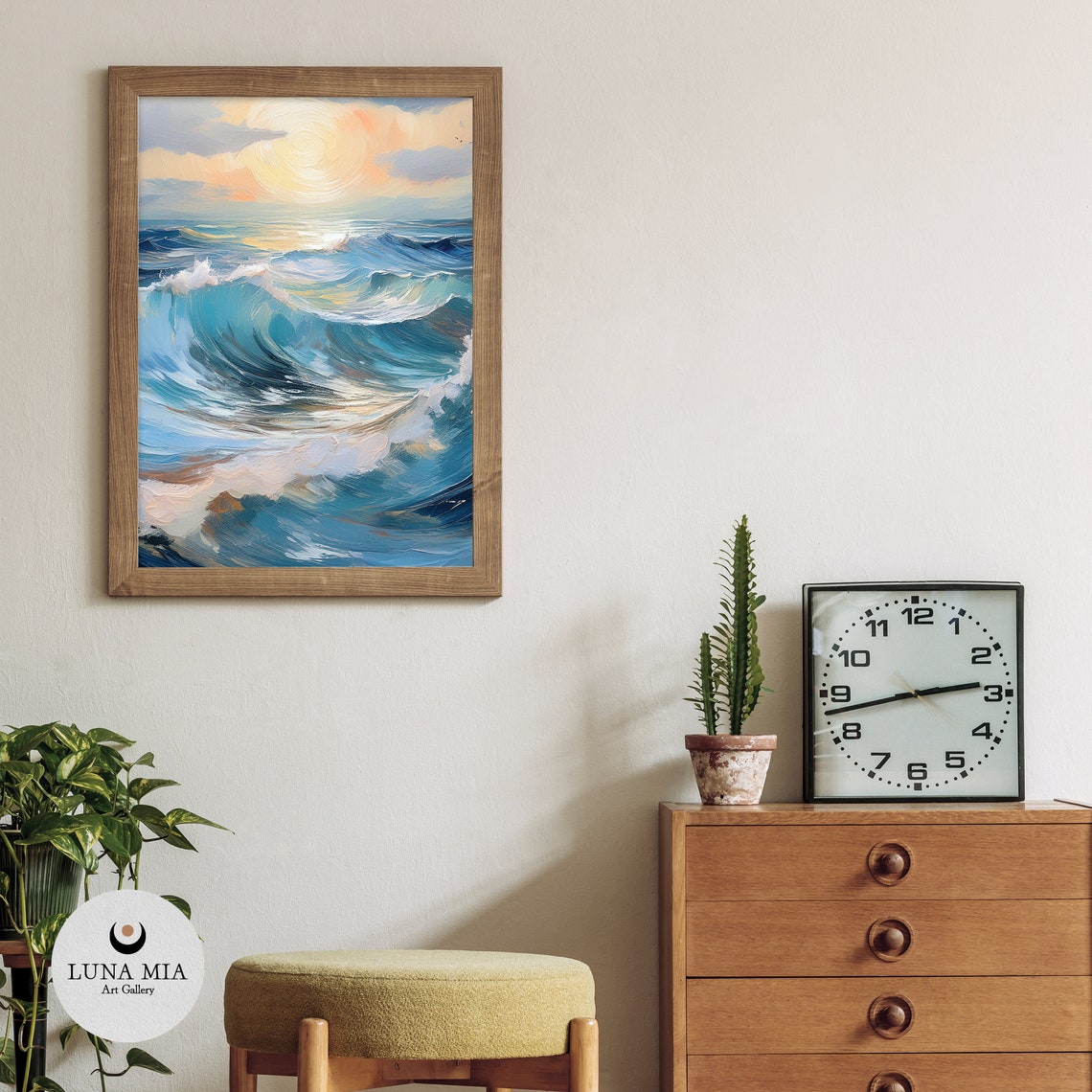 Big Vibrant Ocean Waves Crashing Under Golden Sunset Art Poster - Image 3