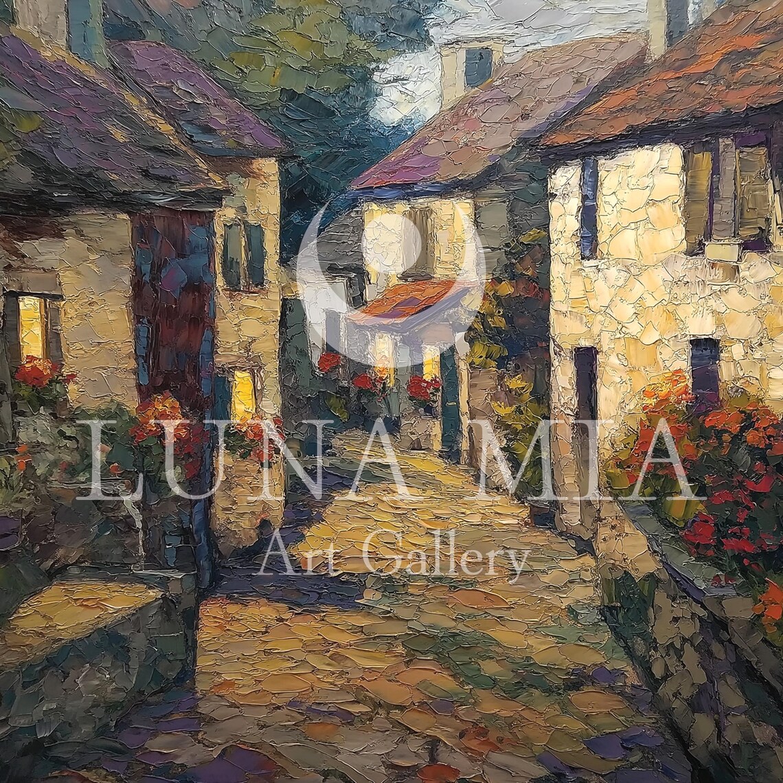Cobblestone Village Street At Dusk With Glowing Windows Floral Poster - Image 5