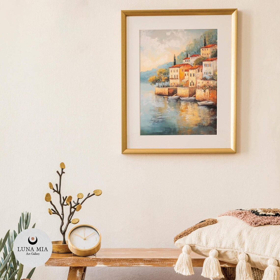Mediterranean Fishing Village Waterfront Sunset Oil Painting Poster - Image 3