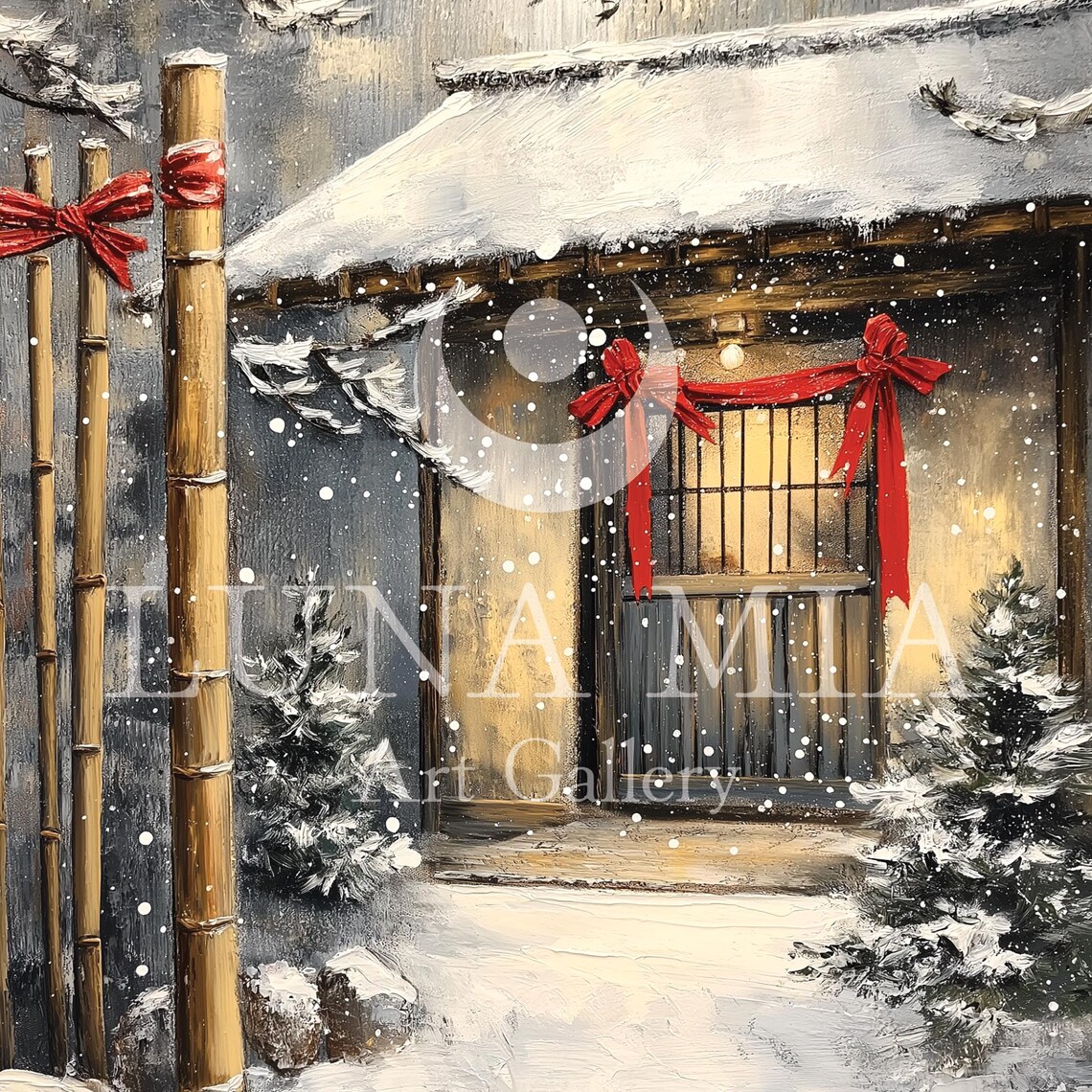 Snowy Japanese Wooden House With Red Bows Oil Painting Poster - Image 5