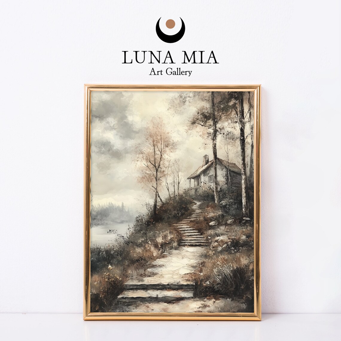 Quiet Sepia Cottage by Misty Lake With Stone Steps Art Poster