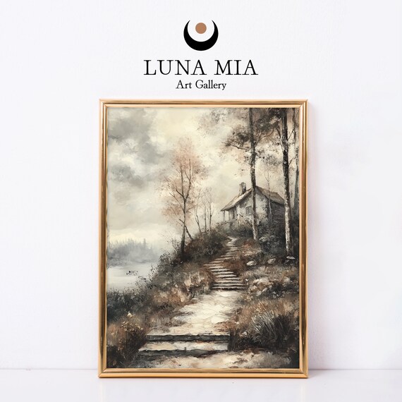 Quiet Sepia Cottage by Misty Lake With Stone Steps Art Poster